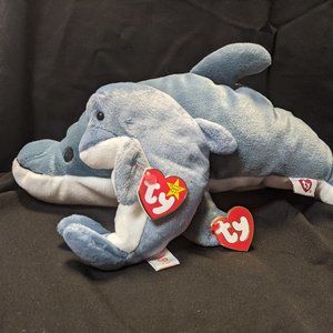 TY Pillow Pal - Glide The Dolphin 14" with Beanie Baby Echo - SET NWT